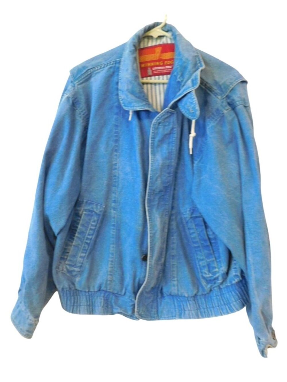Winning Edge London Fog Blue Denim Jacket Large Vintage Striped Lining 80s READ
